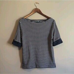 Lauren Ralph Lauren Size XL Blue Stripe Top Womens Boat Neck White Short Sleeve